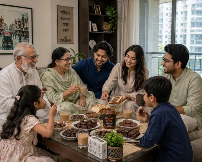 বহু প্রজন্মের একটি পরিবার লিভিং রুমে চা ও স্ন্যাকস নিয়ে সময় কাটাচ্ছে; টেবিলে ডিভাইন বাইটস চকো স্প্রেড ও মিষ্টি - পরিবার, ভালোবাসা, আস্থা
